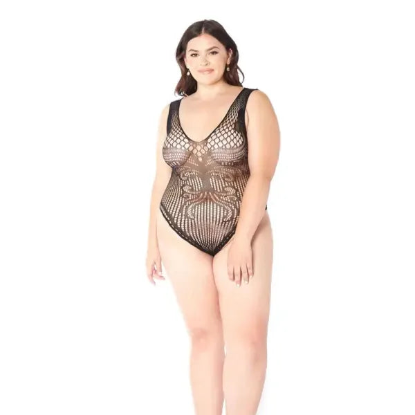 Woman wearing a black crochet bodysuit on a white background