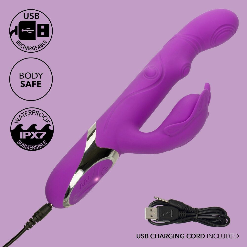 Purple USB rechargeable vibrator with charging cord on a purple background