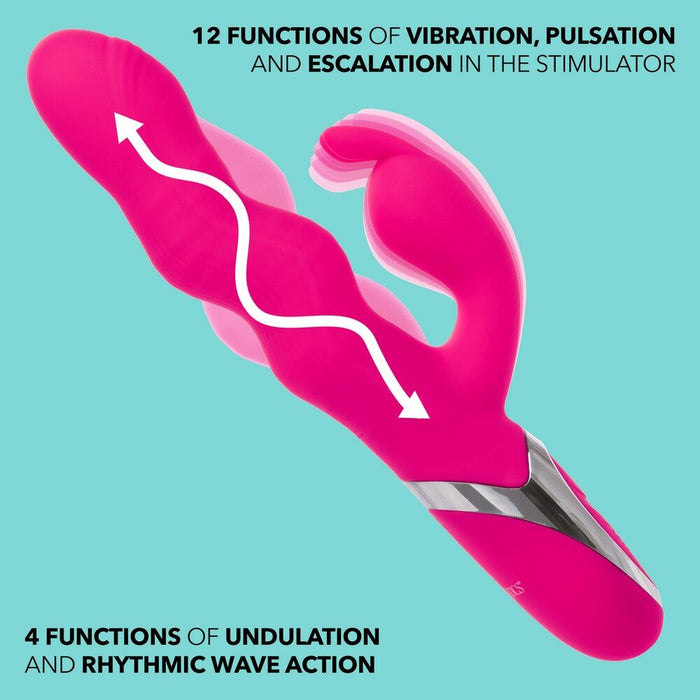 Pink stimulator with text on functions on a light blue background