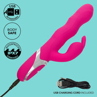 Pink USB rechargeable vibrator with charging cord on a teal background