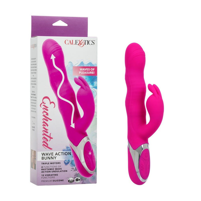 Pink wave action bunny vibrator with packaging on a white background