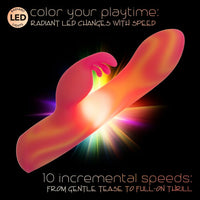 Colorful LED light strip with text on a black background