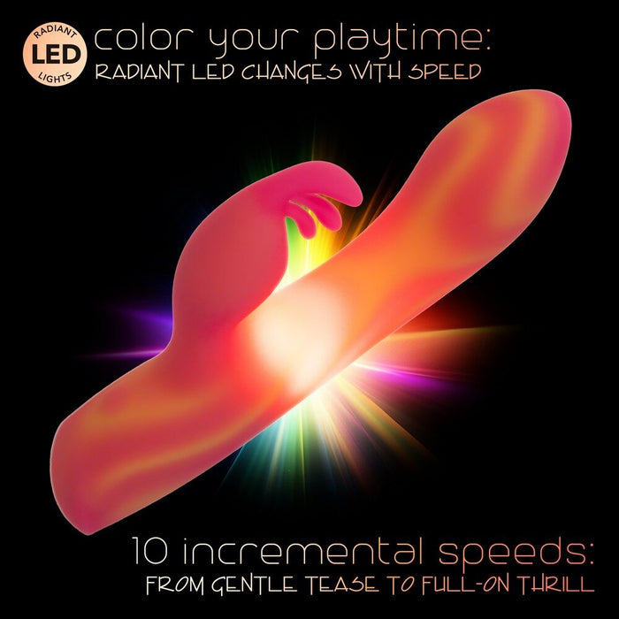 Colorful LED light strip with text on a black background