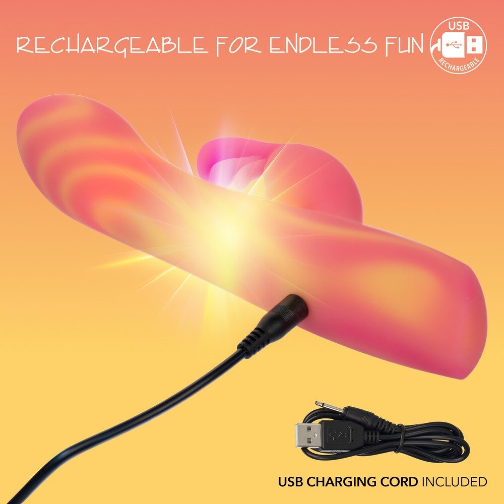 Orange and yellow vibrator with USB charging cord on a gradient background