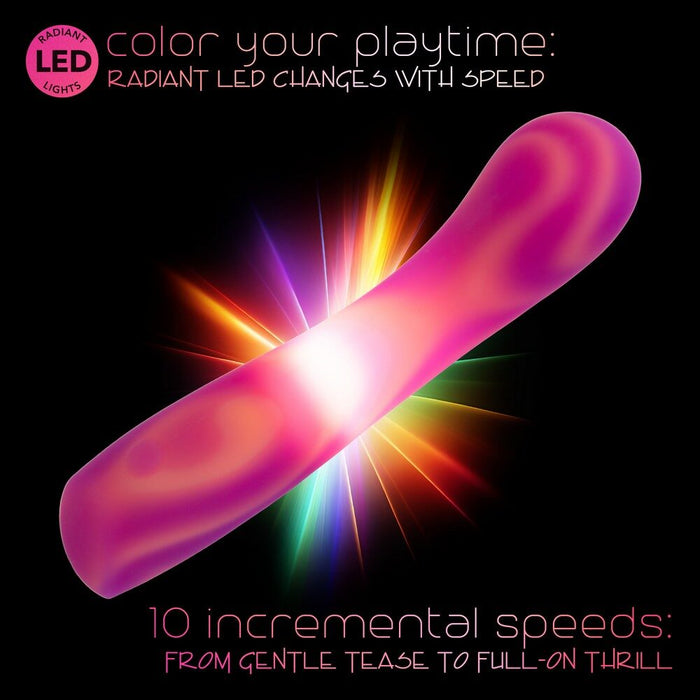 Colorful LED light on a black background with text about speed and color changes.