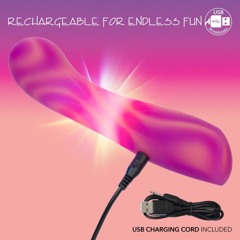 Pink and purple vibrator with USB charging cord on a gradient background