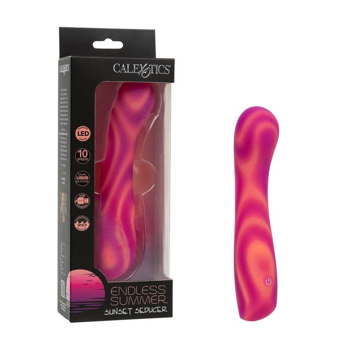 Pink and red swirl-shaped vibrator with packaging labeled 'Calexotics' on a white background
