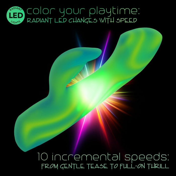 Colorful LED light with text about speed and color change on a black background