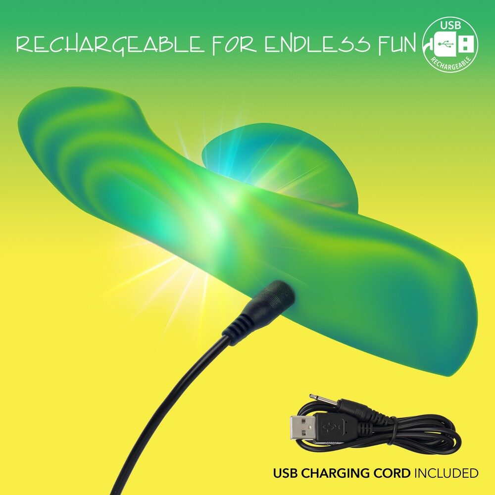 Green vibrator with USB charging cord on a yellow and green gradient background