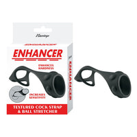 Textured cock strap and ball stretcher with packaging on a white background