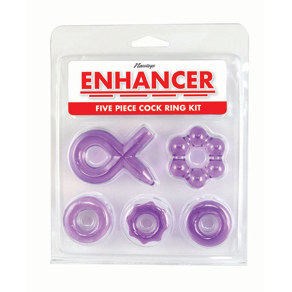 5pc cock ring set with different shapes and textures in purple, plastic packaging