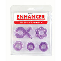 5pc cock ring set with different shapes and textures in purple, plastic packaging