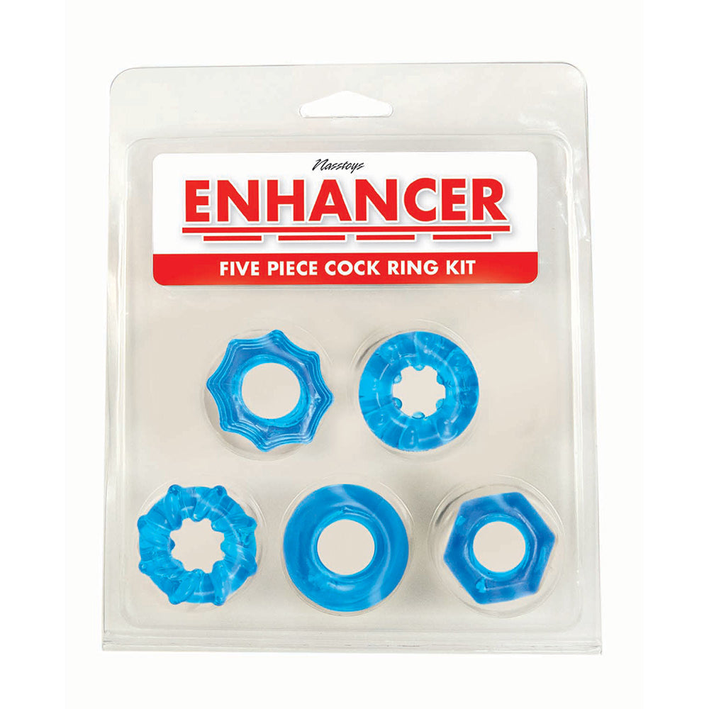 5 set of different textured cock rings in plastic packaging