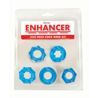 5 set of different textured cock rings in plastic packaging