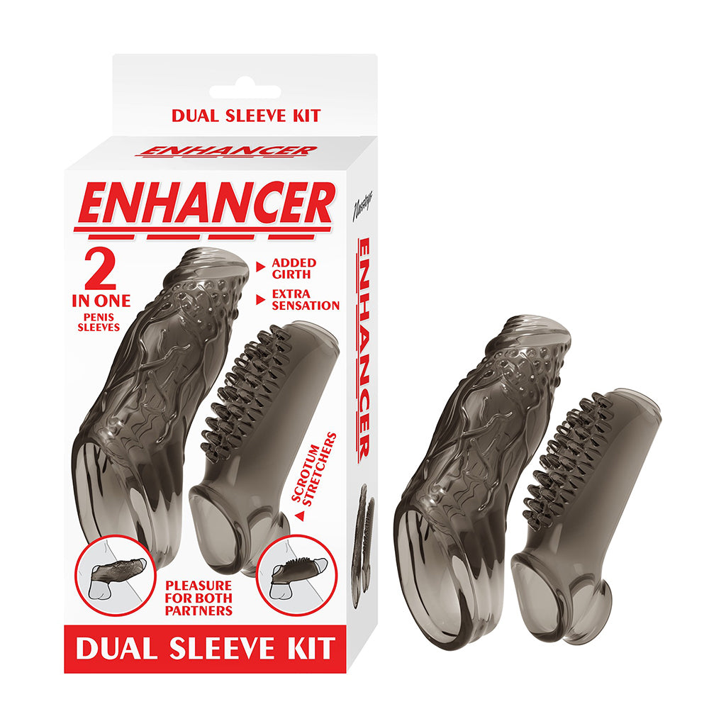 enhancer dual penis sleeve kit with sleeves beside box packaging