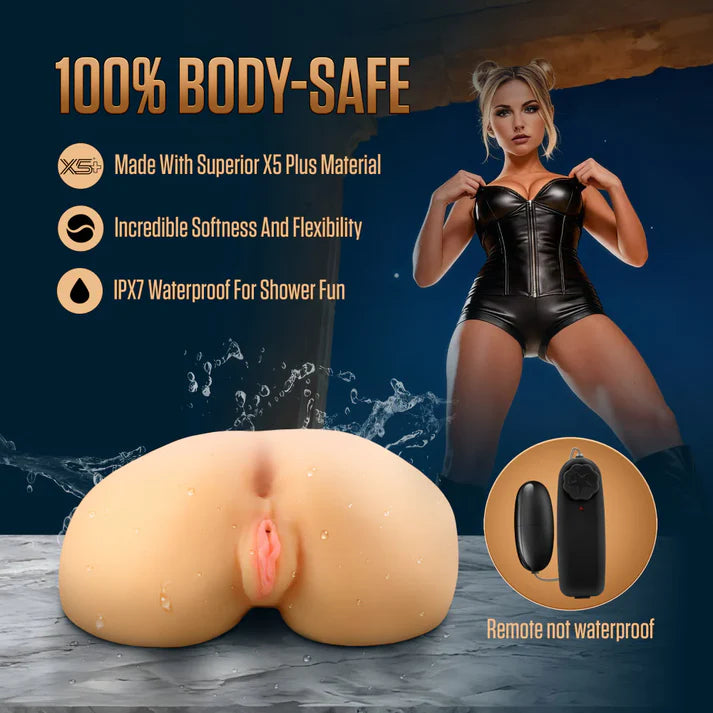 Product advertisement with a woman in a black outfit and a close-up of a product, set against a dark blue background.