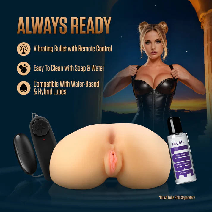 Enlust Annabella vagina and ass realistic masturbator with vibrating bullet with remote control, shown with a woman and a bottle of lube.