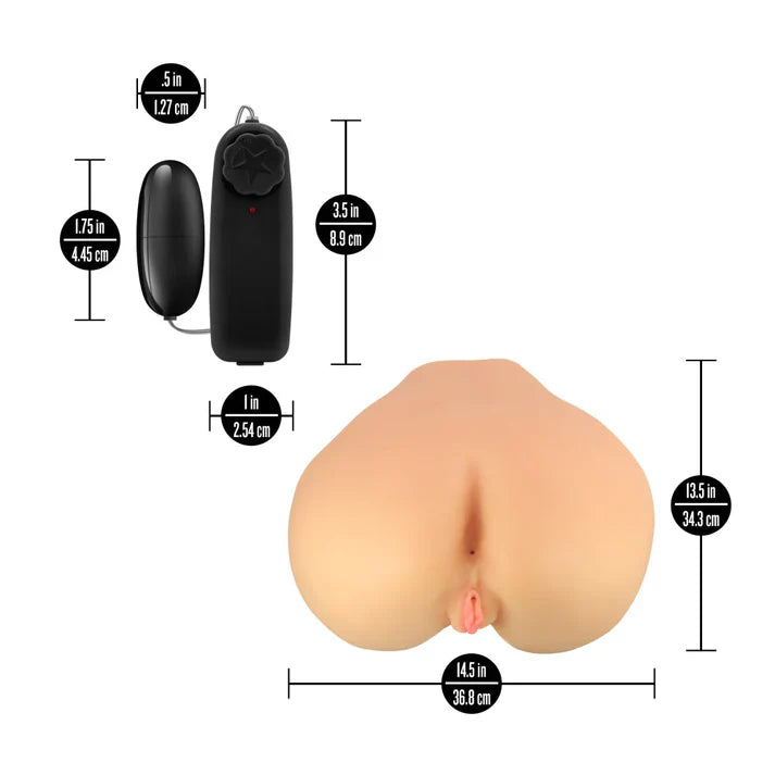 Measurement chart of a Enlust Annabella vagina and ass realistic masturbator with dimensions labeled on a white background