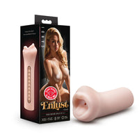 Candie's Enlust candi mouth masturbator packaging with a pink cylindrical object on a white background