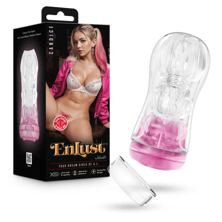 Enlust Candice male masturbator by Blush with clear textured sleeve and removable cap, shown alongside retail packaging featuring Candice in pink lingerie and jacket.