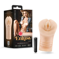 Enlust Georgia male masturbator by Blush with ribbed ultra-soft sleeve and included bullet vibrator, shown alongside retail packaging featuring Georgia in a cowgirl-inspired outfit.