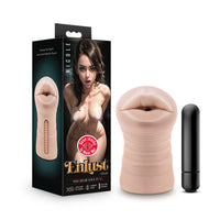masturbator product with packaging featuring a model, on a white background