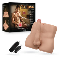 a realistic male torso masturbator beside box packaging and vibrating egg