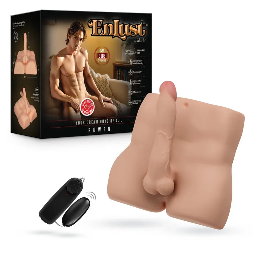 a realistic male torso masturbator beside box packaging and vibrating egg