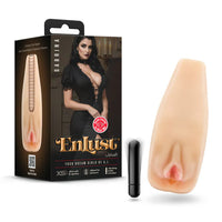 Enlust Sabrina male masturbator by Blush with ultra-soft textured sleeve and included bullet vibrator, shown alongside retail packaging featuring Sabrina.