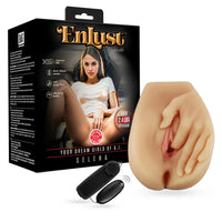 Product packaging of 'Enlust' selena realistic vagina & ass masturbator with a remote control and a detailed product model on a white background.