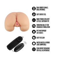 enlust talie vibrating realistic vagina & ass masturbator with features listed on a white background
