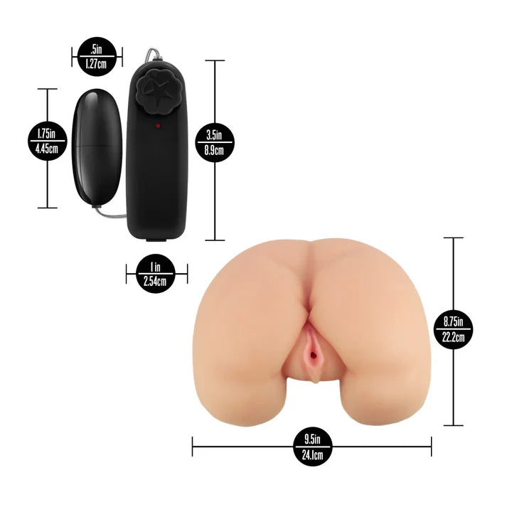 Measurement chart of a enlust talie vibrating realistic vagina & ass masturbator on a white background