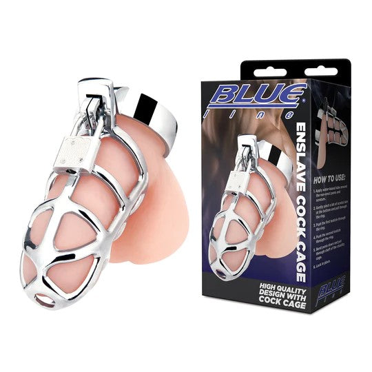 blue packaging with a flaccid penis within the silver cock cage with a straight weblike design, a silver ring that circles the penis and the balls and a lock on the top