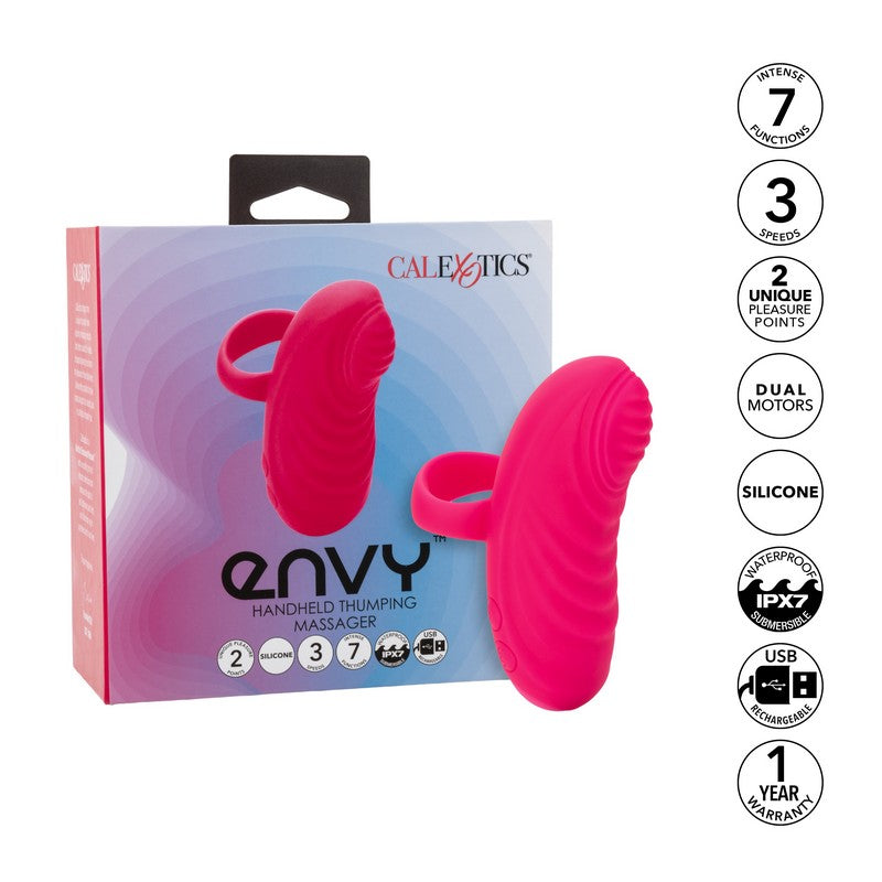 pink finger vibrator beside display box and specs chart