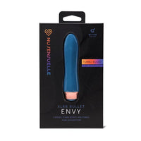 Blue bullet-shaped product in black packaging with Nu ensuelle branding