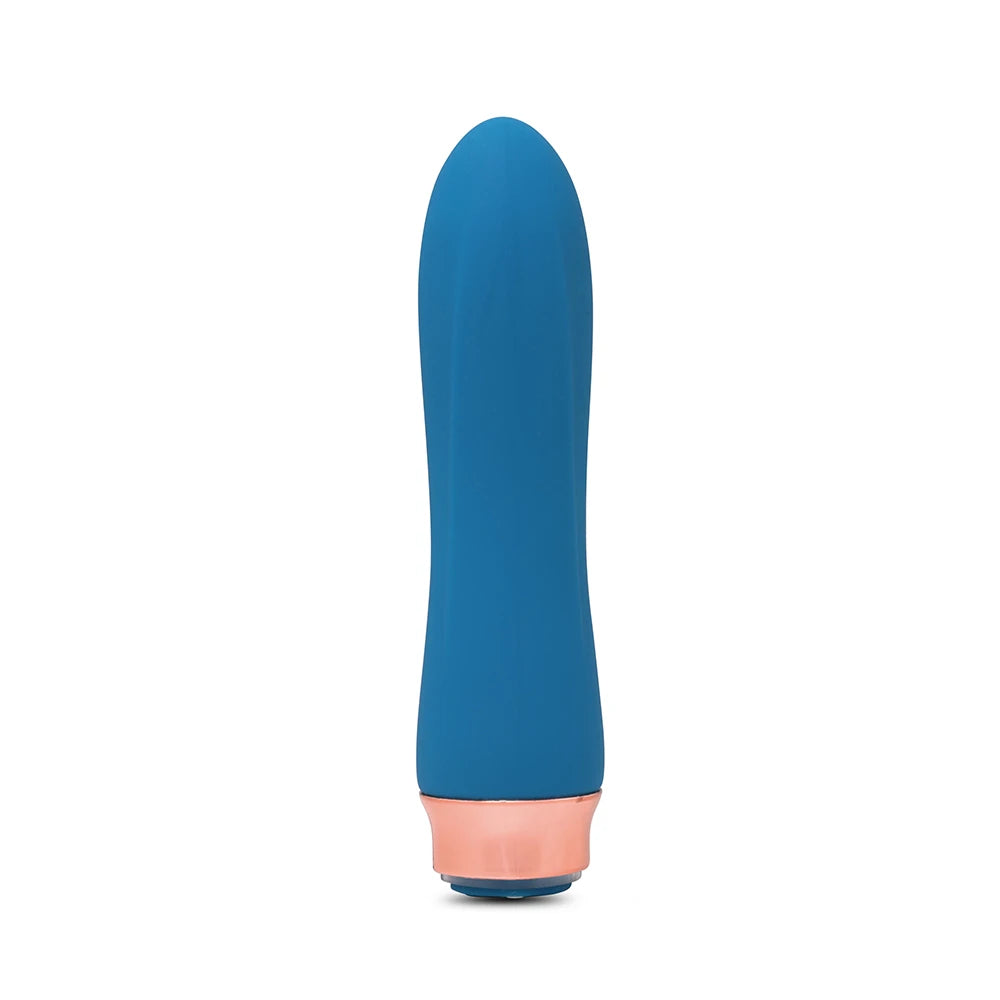 Blue and rose gold envy bullet on a white background