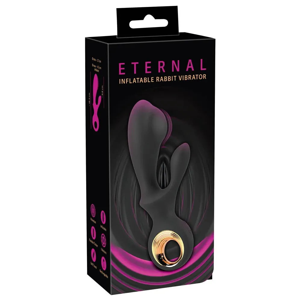 black inflatable head vibrator with clit stimulator and  finger ring holder on box