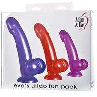 a white display box depicting three smooth penis shaped dildos of different sizes with balls and suction cups. There is a blue one, a red one and a purple one.