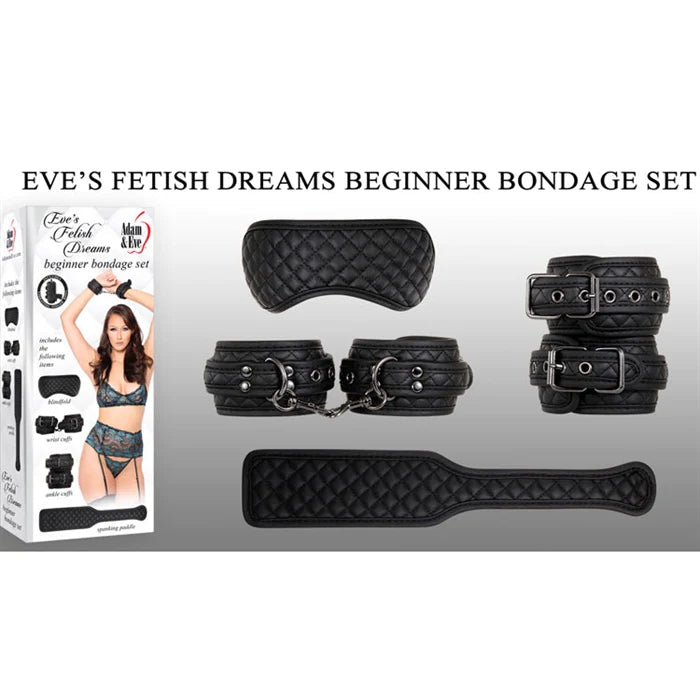 a black quilted patterned bondage kit that includes cuffs, a blindfold and a paddle shown next to its display box that has a lingerie clad woman using the included products
