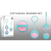 pink kegel balls, first is a single kegel in a teal holder, the second is 2 pink kegel balls in a teal holder next to a box