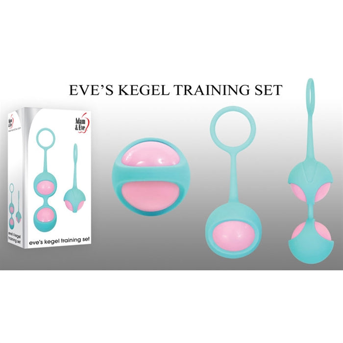 pink kegel balls, first is a single kegel in a teal holder, the second is 2 pink kegel balls in a teal holder next to a box