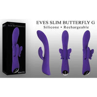 purple curved vibrator with butterfly clit stim and box