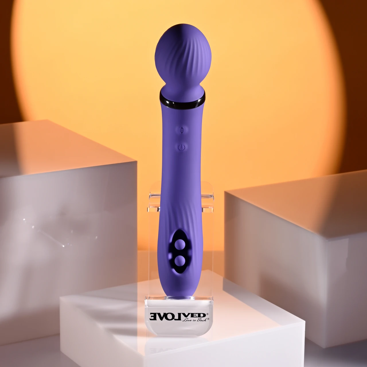 purple wand on stand, on orange background