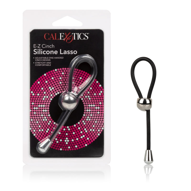 cal exotics plastic package with black silicone lasso cock ring with silver bead
