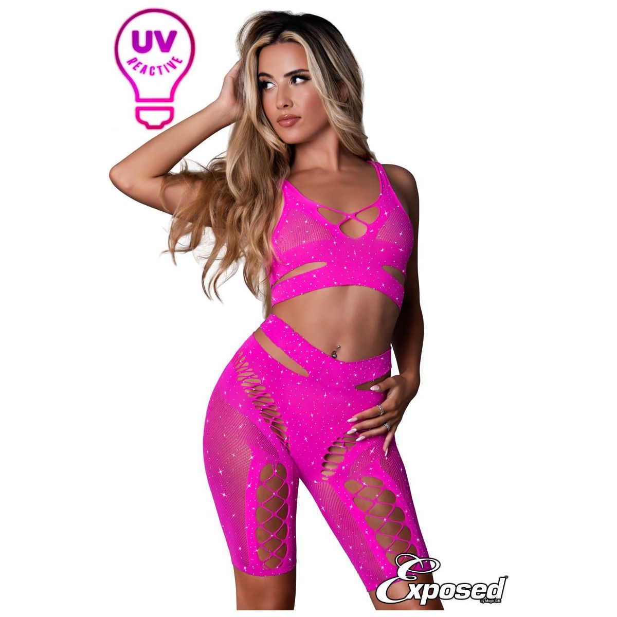 midriff top with slit sides, high waist bottoms shorts with slits in front and sides in pink