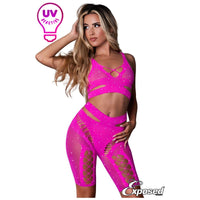 midriff top with slit sides, high waist bottoms shorts with slits in front and sides in pink