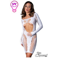 crystal uv dress with long sleeves, open middle, with fishnet open bottom in white