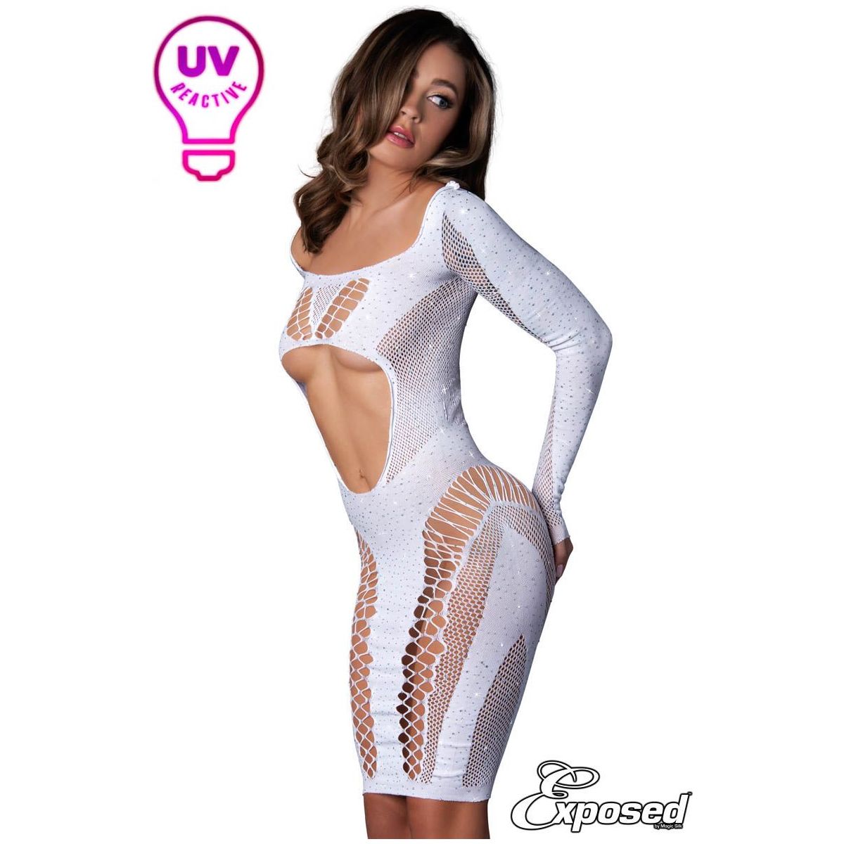 crystal uv dress with long sleeves, with fishnet open bottom in white