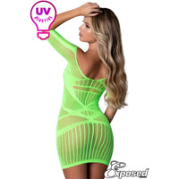 blonde female wearing Seamless sheer stretch net dress with ¾ sleeves and a strappy print all-over. in green,  back view