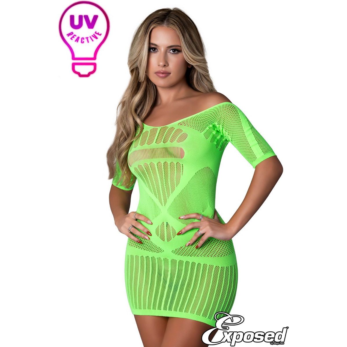 blonde female wearing Seamless sheer stretch net dress with ¾ sleeves and a strappy print all-over. in green,  front view